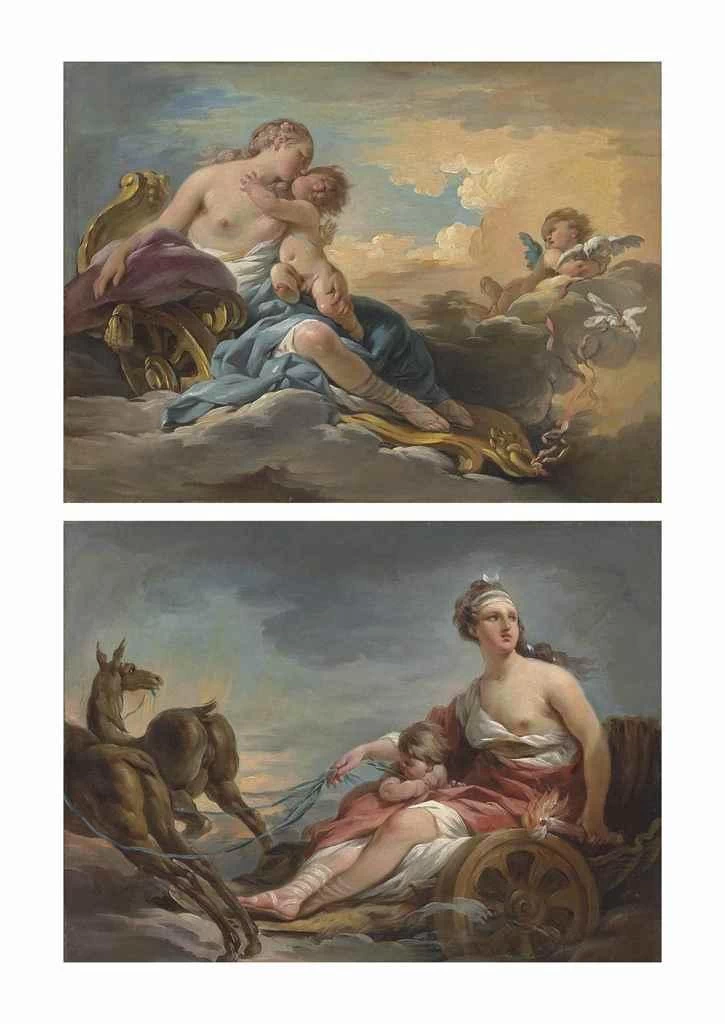 Hallè Noël - Venere e Cupido su un carro trainato da colombe, con putto; e Diana e Cupido in carrozza